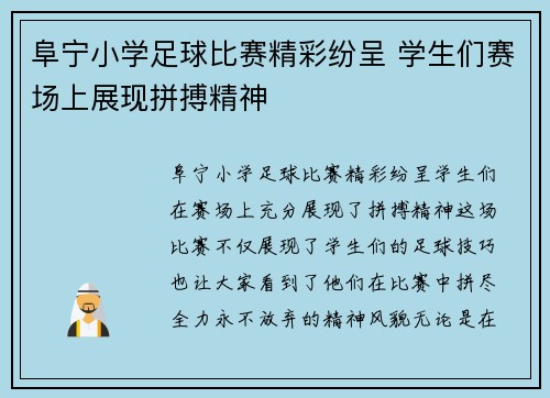 阜宁小学足球比赛精彩纷呈 学生们赛场上展现拼搏精神