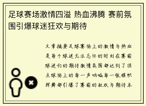 足球赛场激情四溢 热血沸腾 赛前氛围引爆球迷狂欢与期待