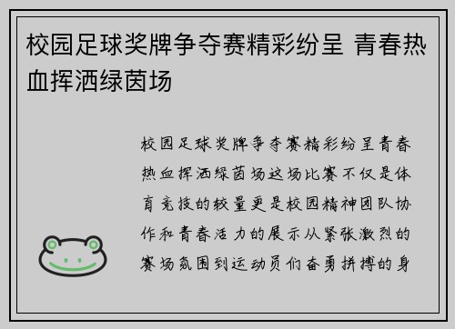 校园足球奖牌争夺赛精彩纷呈 青春热血挥洒绿茵场