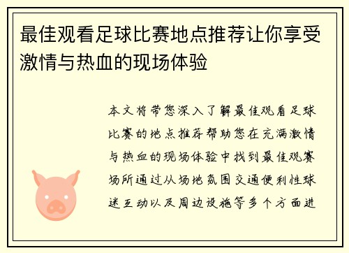 最佳观看足球比赛地点推荐让你享受激情与热血的现场体验