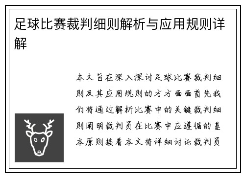 足球比赛裁判细则解析与应用规则详解