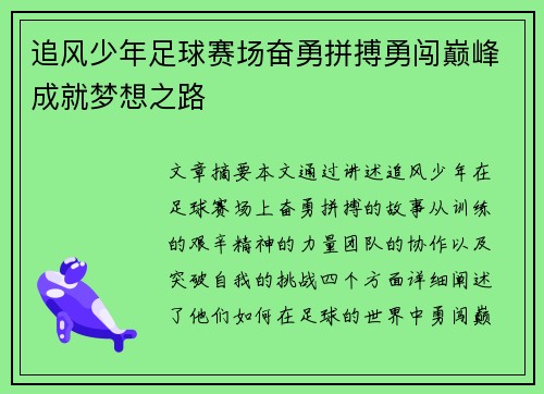 追风少年足球赛场奋勇拼搏勇闯巅峰成就梦想之路