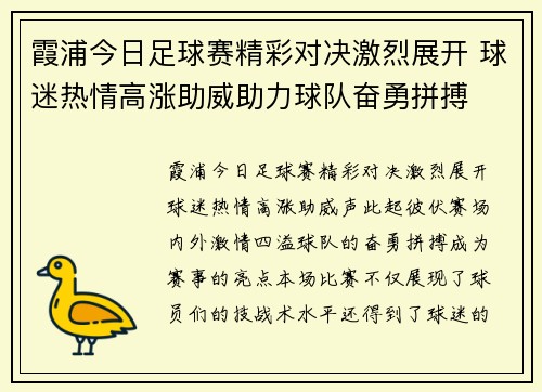 霞浦今日足球赛精彩对决激烈展开 球迷热情高涨助威助力球队奋勇拼搏