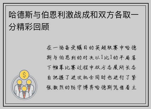 哈德斯与伯恩利激战成和双方各取一分精彩回顾