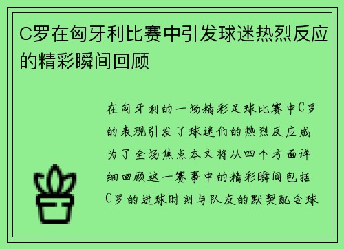 C罗在匈牙利比赛中引发球迷热烈反应的精彩瞬间回顾