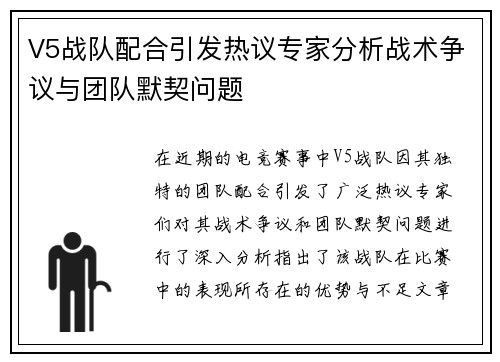 V5战队配合引发热议专家分析战术争议与团队默契问题